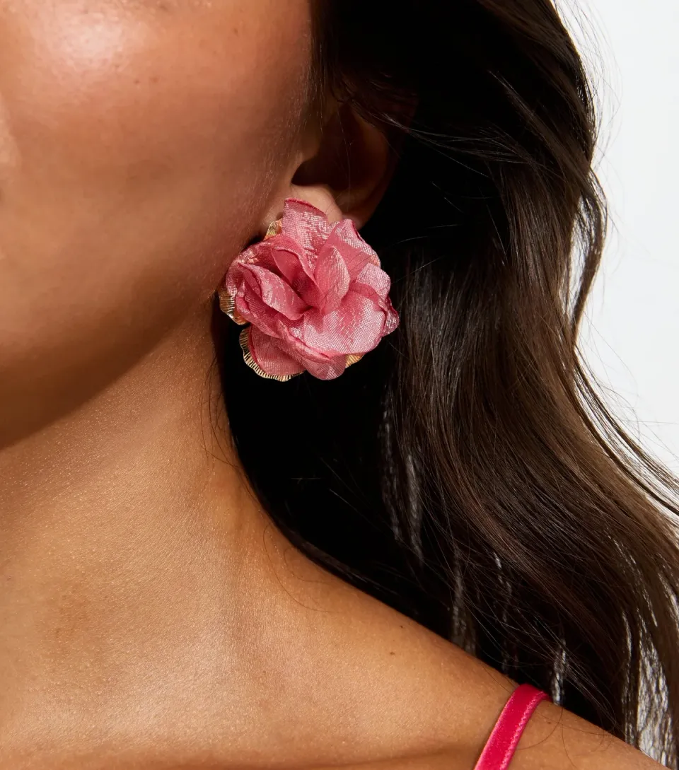 Pink Metal Flower Fabric Petal Stud Earrings