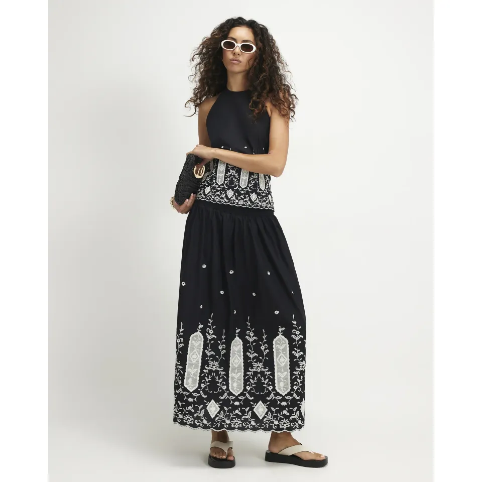 Cotton Cutwork Hem Maxi Skirt
