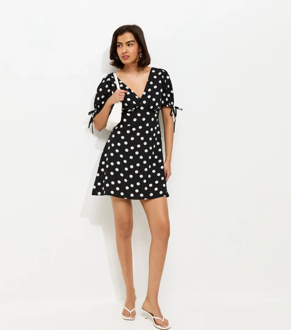 Women's Black Crepe Polka Dot Tie Sleeve Mini Dress