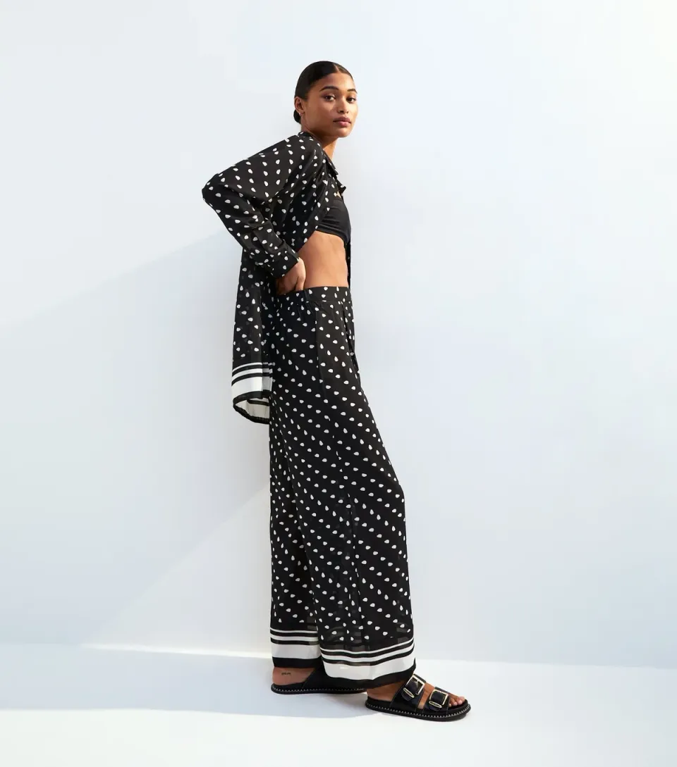 Women's Black Polka Dot Wide Leg Beach Trousers