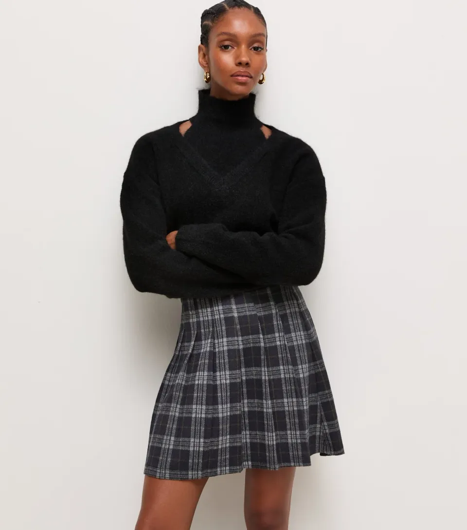 Women's Black Check Ponte Pleated Mini