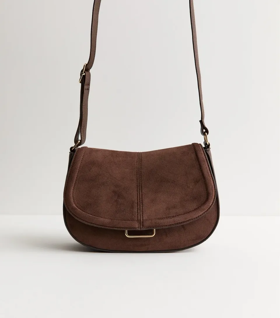 Brown Faux Suede Saddle Shoulder Bag
