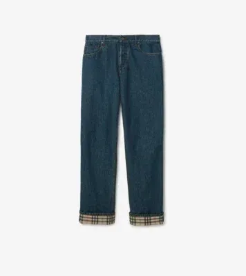 Straight Check Turn-up Jeans in Mid blue - Men, Cotton