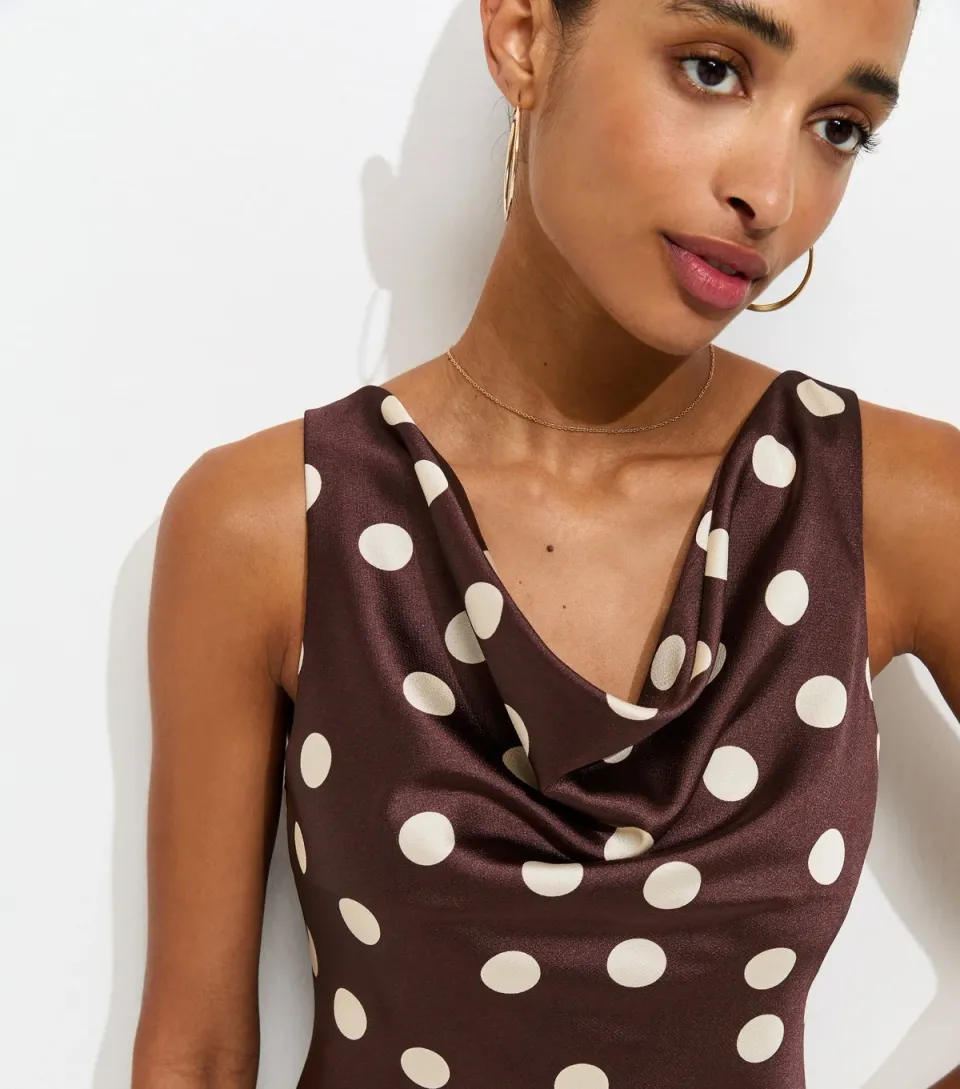Women's Red Polka Dot Print Satin Sleeveless Cowl Neck Top