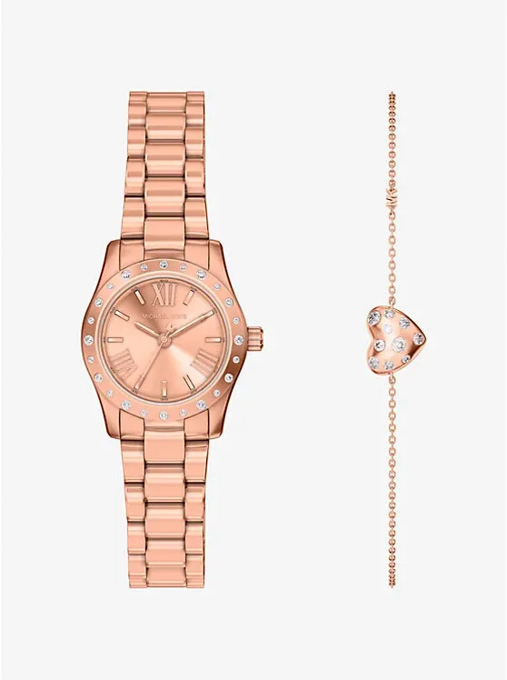 Petite Lexington Pavé Rose Gold-Tone Watch and Heart Bracelet Gift Set