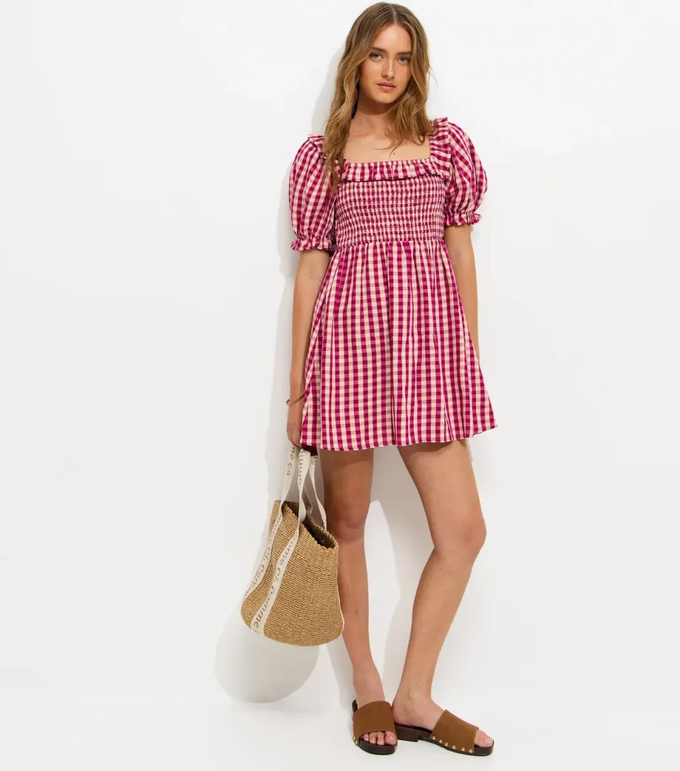 Women's Red Gingham Short Sleeve Shirred Frill Mini Dress