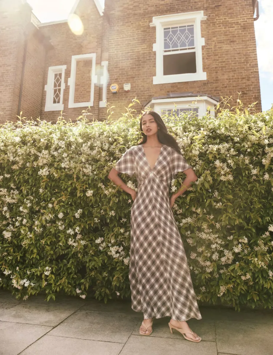 Checked V-Neck Midi Tea Dress White