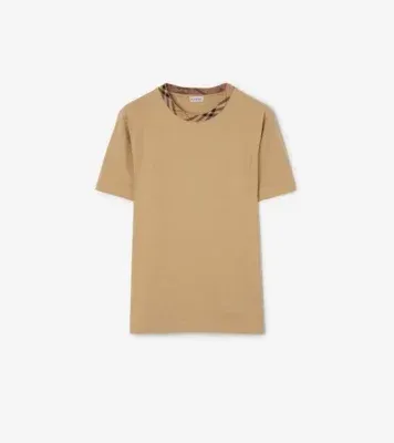 Check Trim Cotton T-shirt in Flax beige