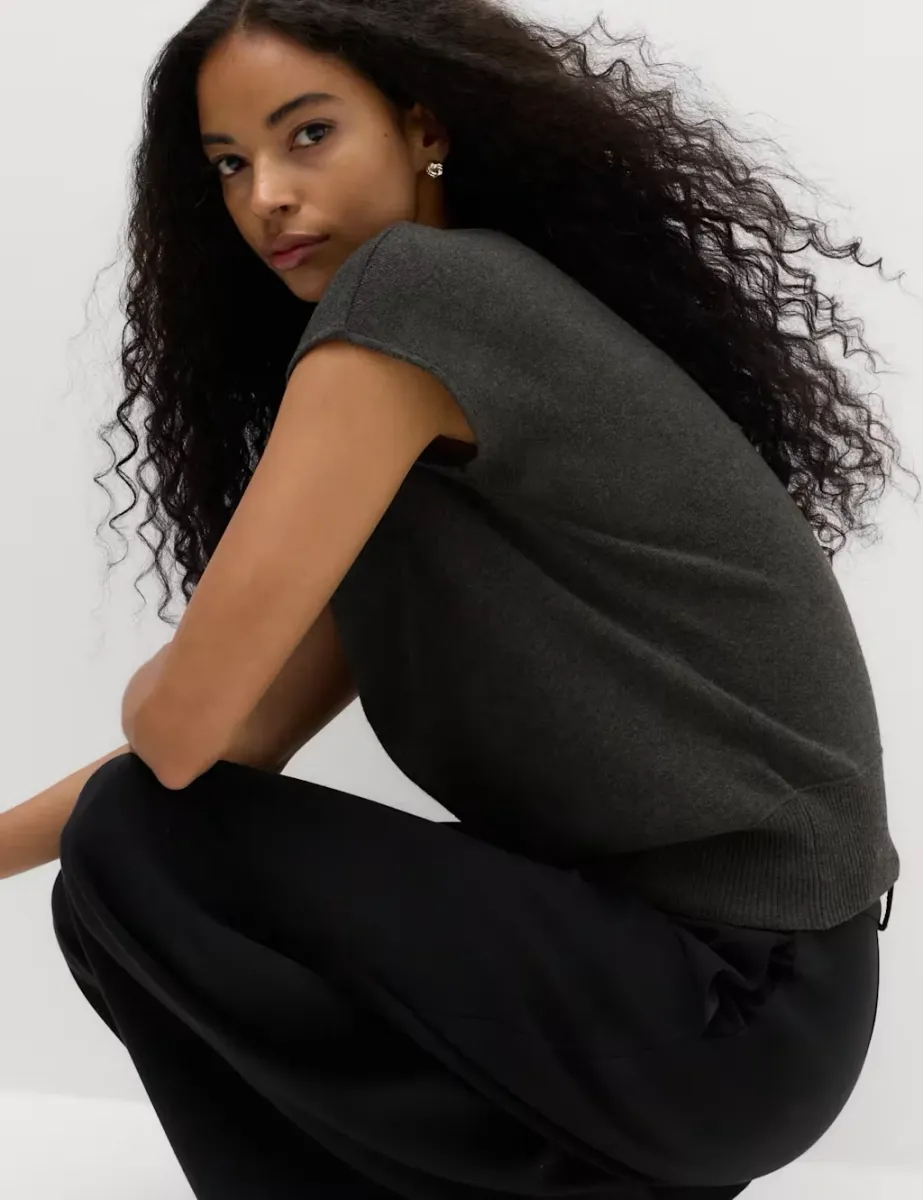 Draped Neck Knitted Top with Wool Charcoal