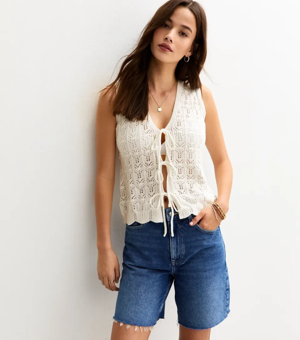 Women's White Crochet Knit Tie Front Vest