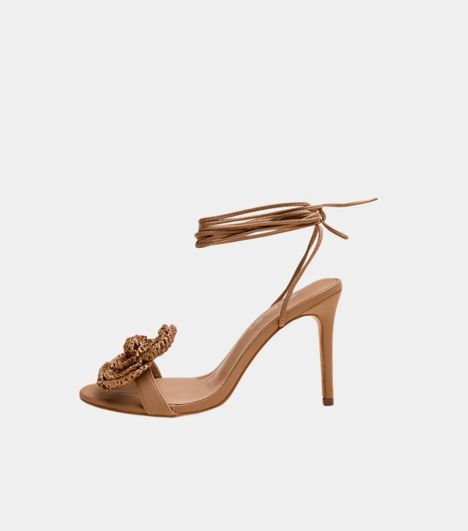 Women's Tan Karla Faux Leather Raffia Flower Lace Up Sandals
