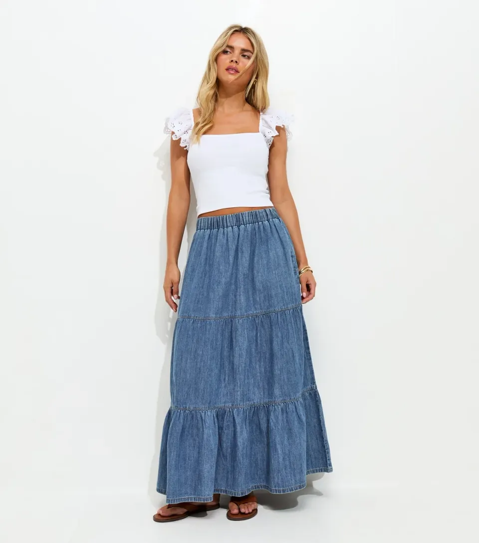 Women's Petite Blue Tiered Midi Skirt