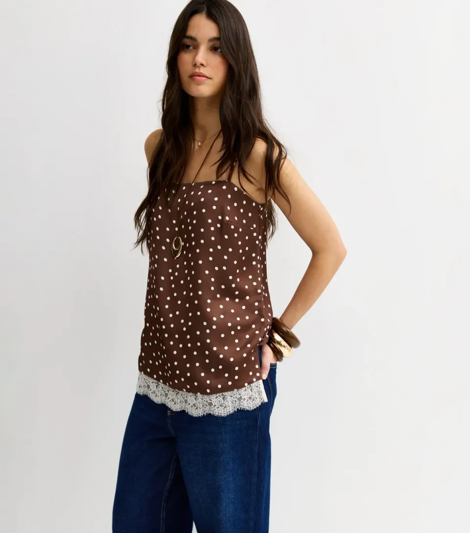 Women's Brown Satin Polka Dot Lace Hem Cami Top