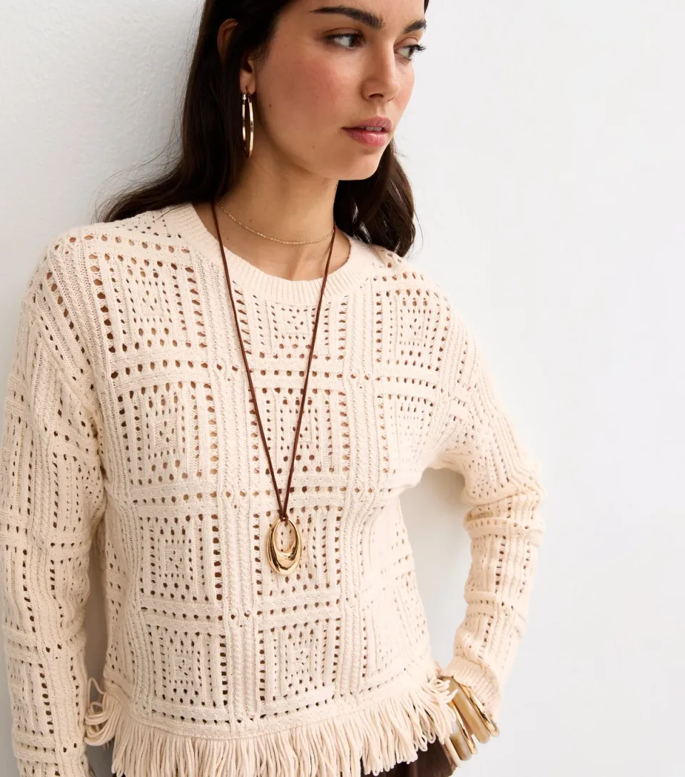 Women's Oatmeal Cotton Rich Square Cut Out Fringed Jumper