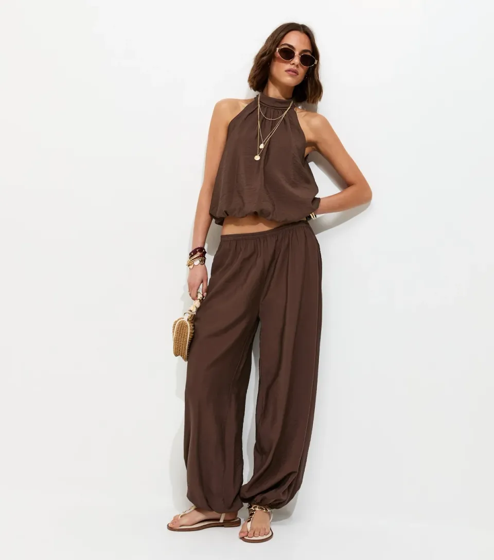 Women's Dark Brown Cuffed Relaxed Side Slip Pocket Trousers