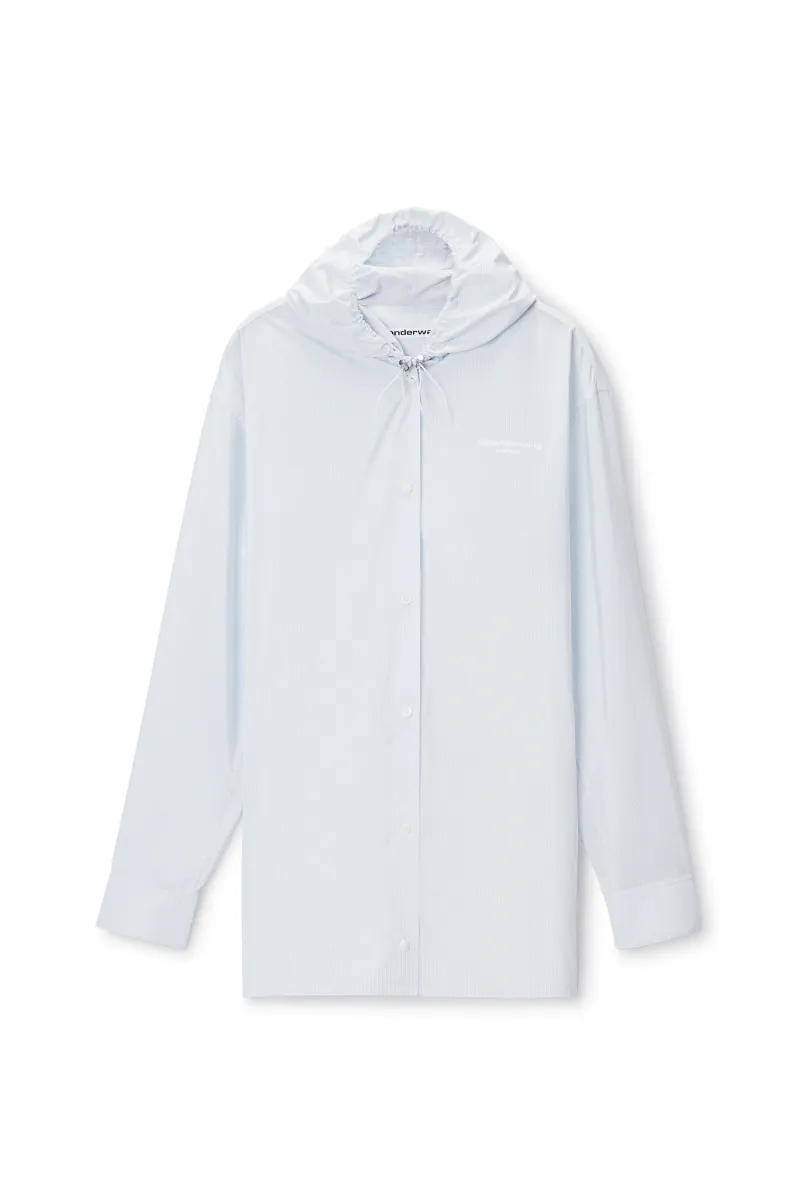 Hooded Button-Up Shirt with Bungee Drawcord