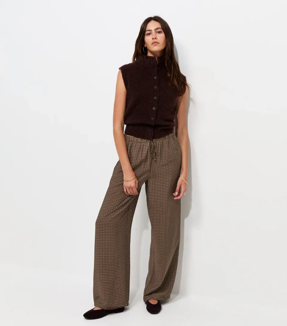 Women's Brown Check Drawstring Wide Leg Trousers