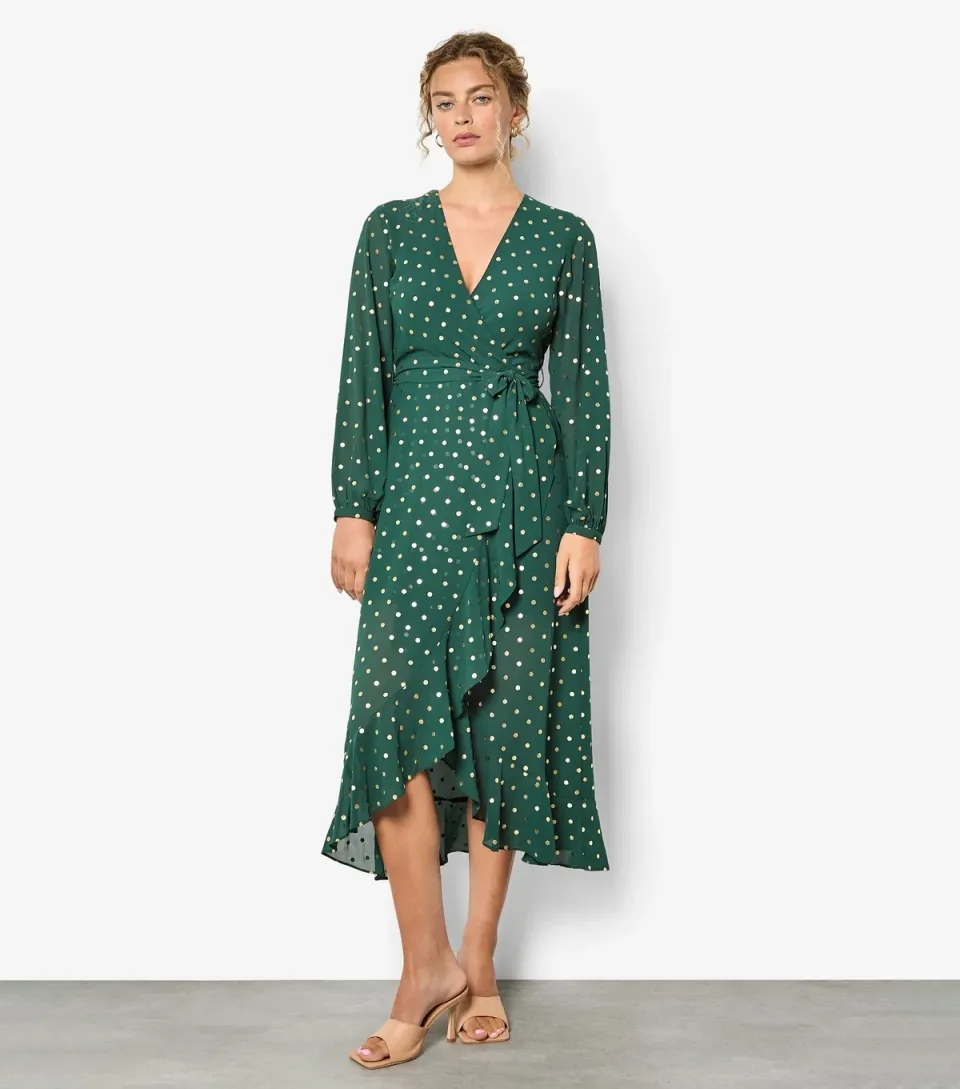 Women's Green Foil Polka Dot Wrap Dress