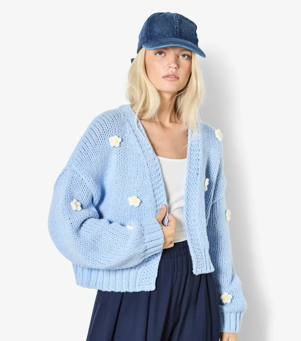 Women's Blue Daisy Appliqued Open Cardigan