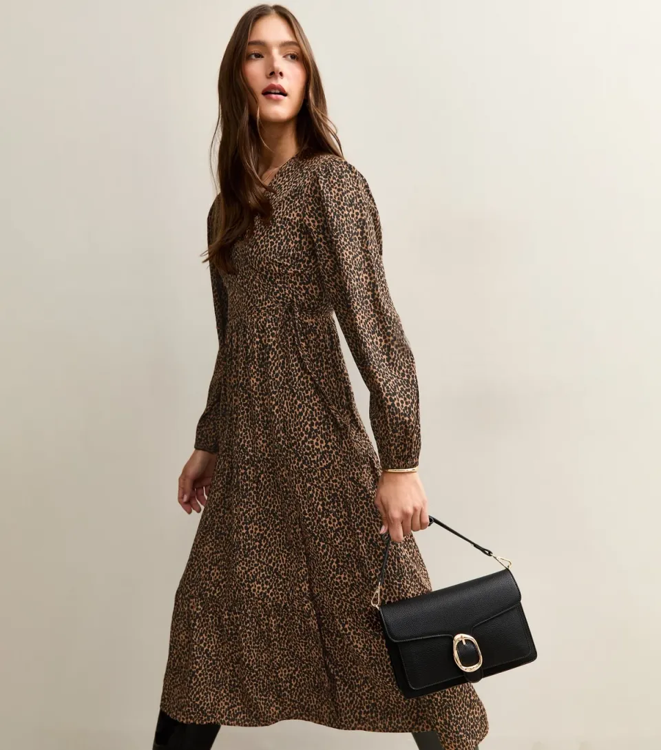 Women's Brown Crepe Animal Print Wrap Midi Dress