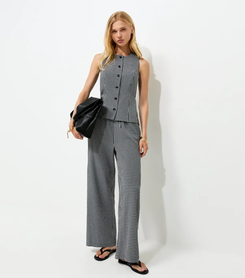 Women's Black Gingham Print Wide Leg Drawstring Trousers