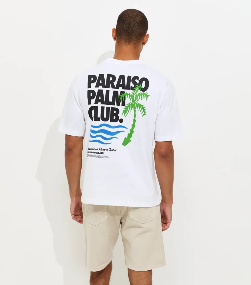 Men's White Cotton Palm Tree Graphic Print T-Shirt
