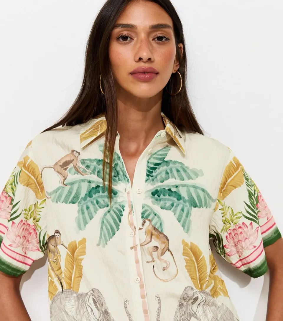 Women's Cream Tropical Print Short Sleeve Shirt