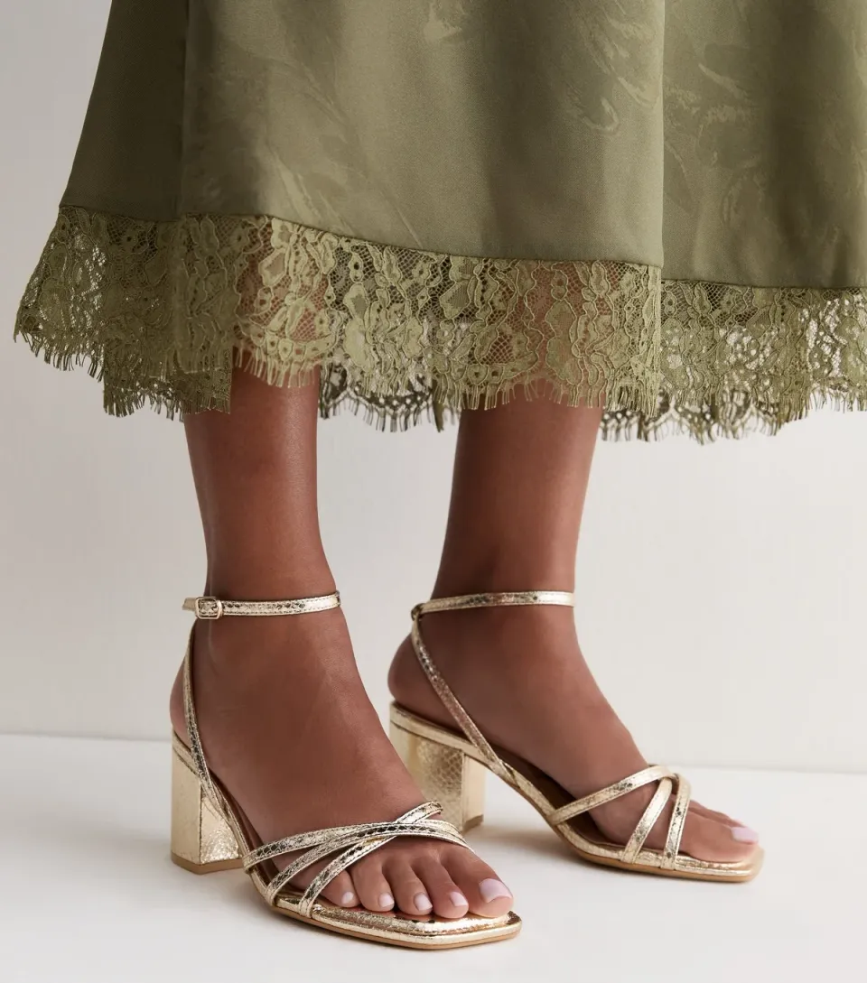 Women's Extra Wide Fit Gold Snake Embossed Strappy Block Heel Sandals Vegan