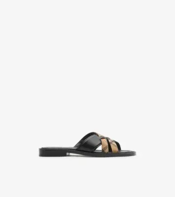 Check and Leather Drift Sandals​ in Black/sand beige