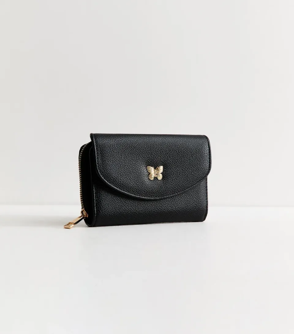 Black Faux Leather Butterfly Charm Pebble Textured Purse