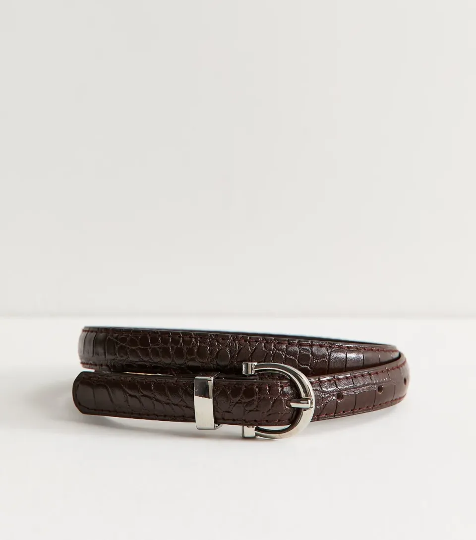 Dark Brown Faux Leather Croc Embossed Skinny Belt Vegan