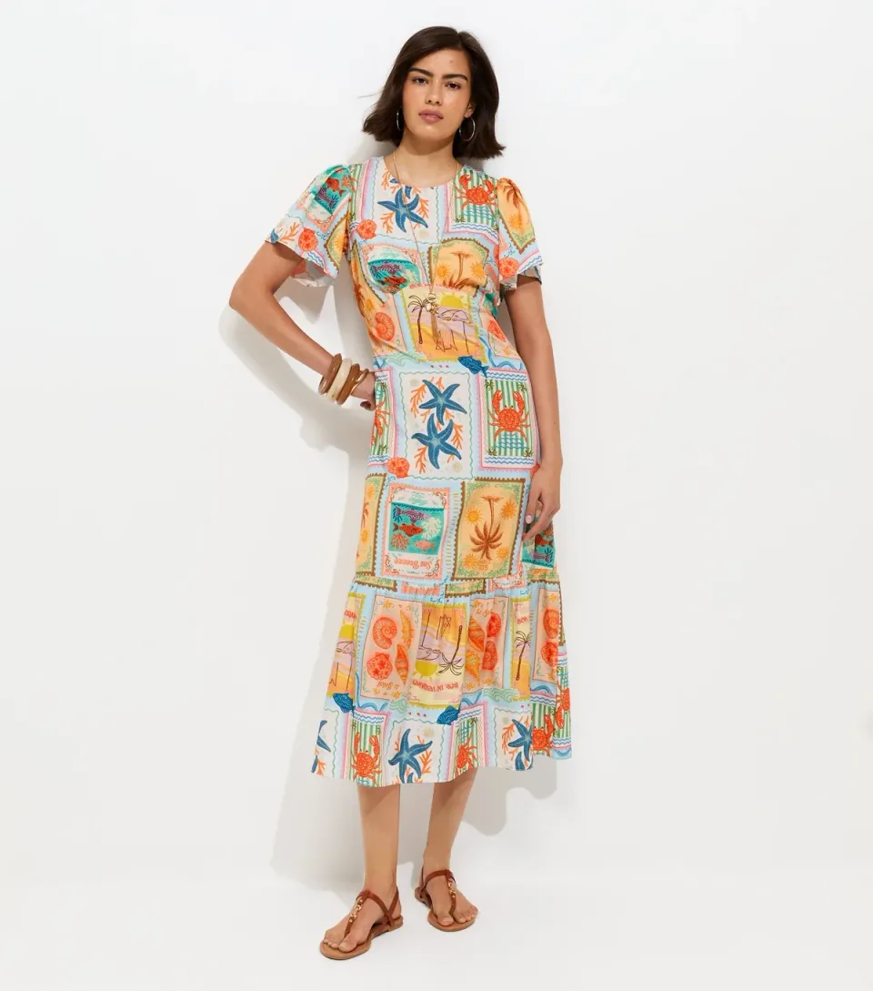 Women's Multicolour Seaside Print Crepe Midi Dress