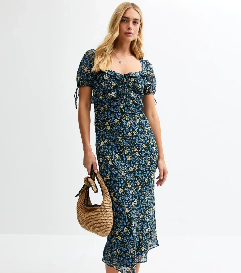 Women's Blue Floral Print Tie Sleeve Chiffon Midi Dress