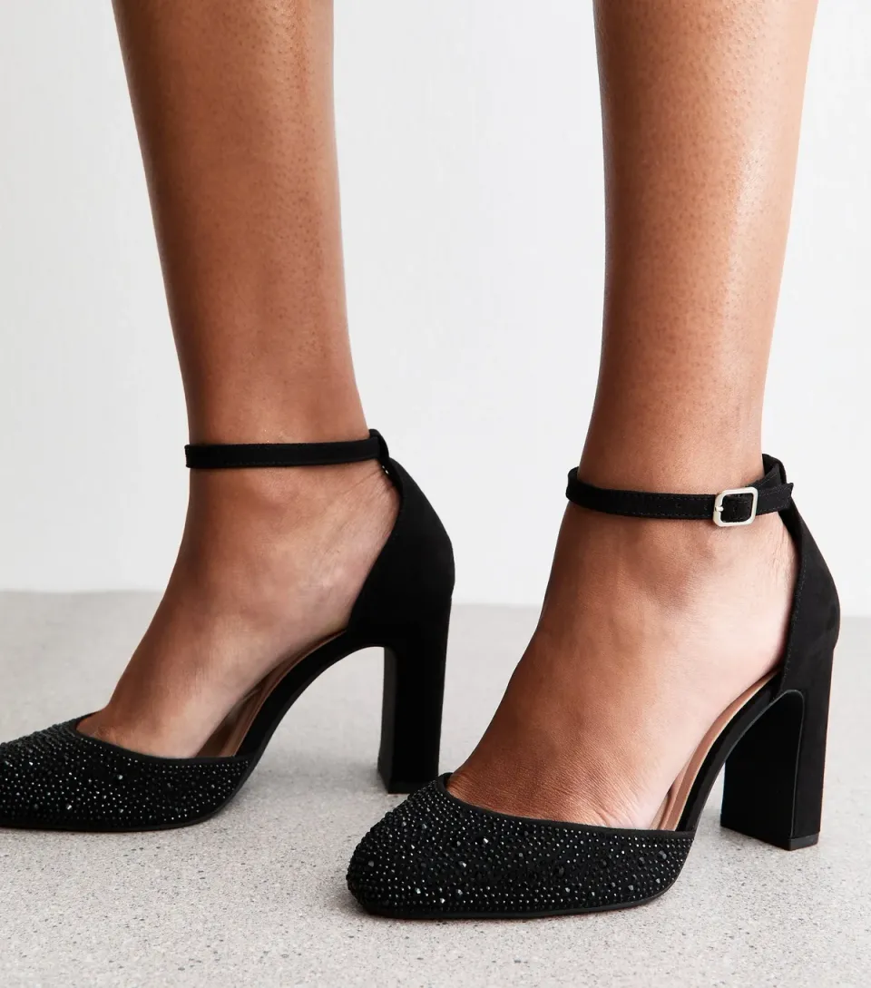 Women's Wide Fit Black Faux Suede Gem Embellished Block Heels Sandals Vegan