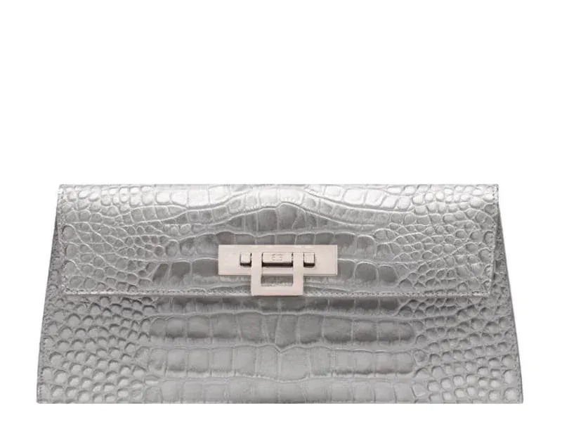 Fonteyn Clutch Orinoco 'Croc' Print Calf Leather Handbag - Silver - 2