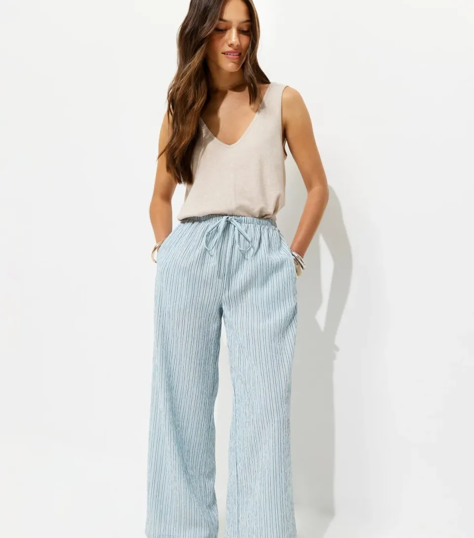 Women's Petite Light Blue Texture Stripe Wide Leg Trousers