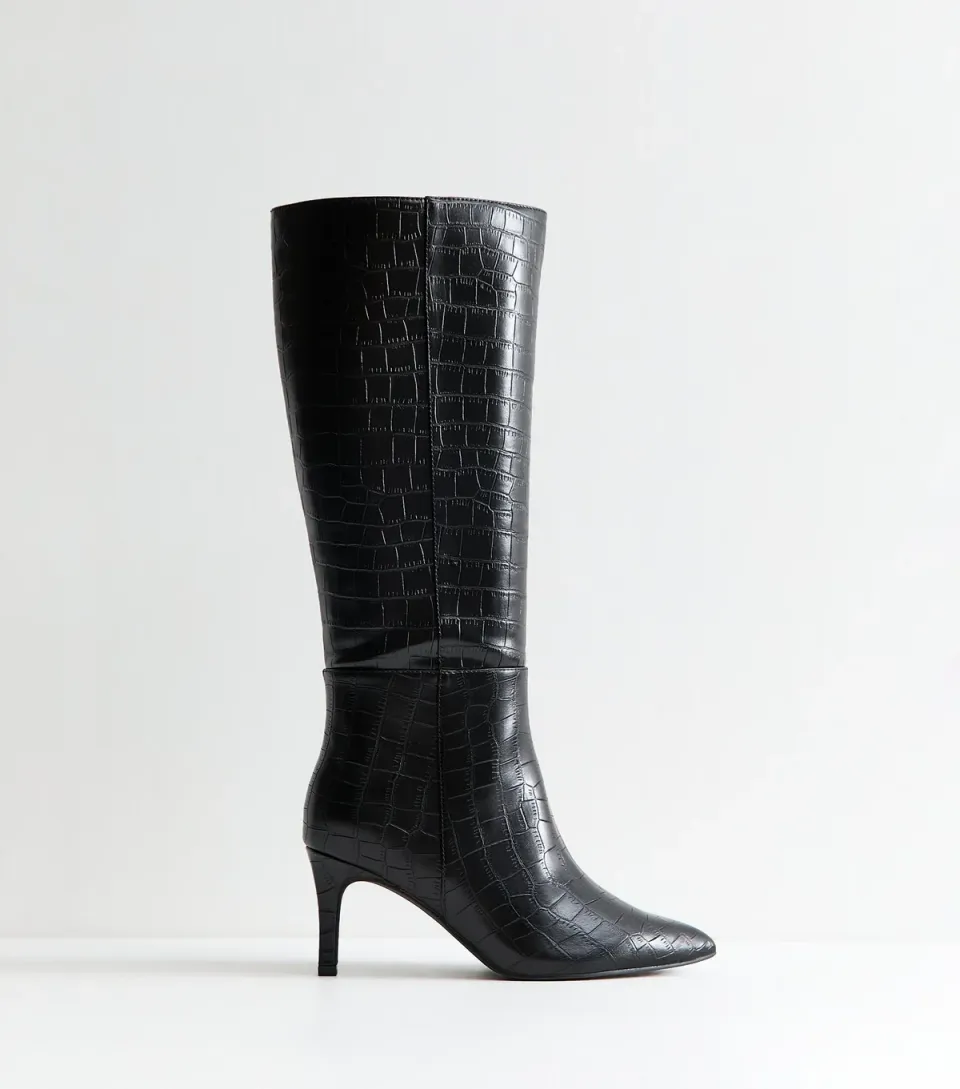Women's Wide Fit Black Croc Embossed Stiletto Knee High Boots Vegan