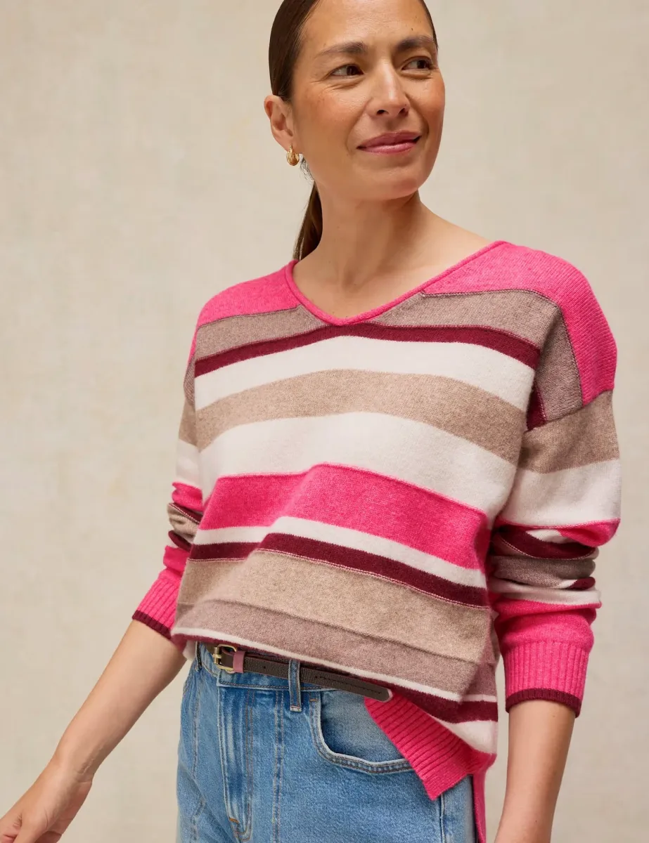 Wool Blend Striped V-Neck Jumper Pink Mix