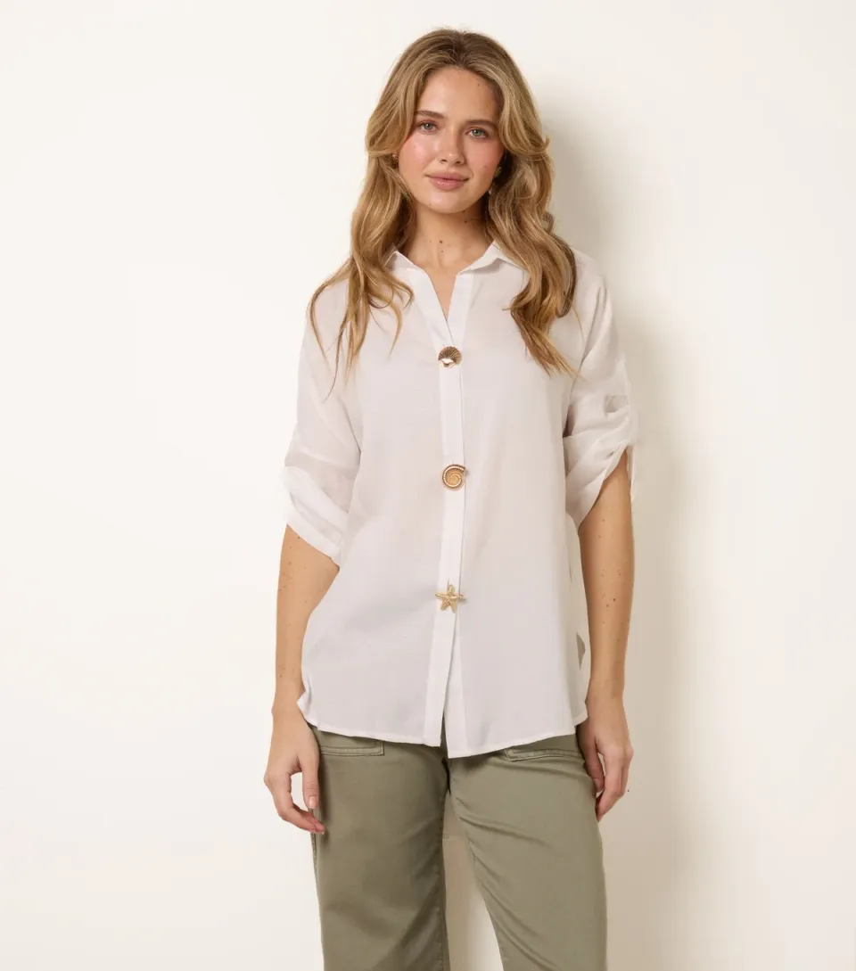 Women's White Seashell Button Shirt