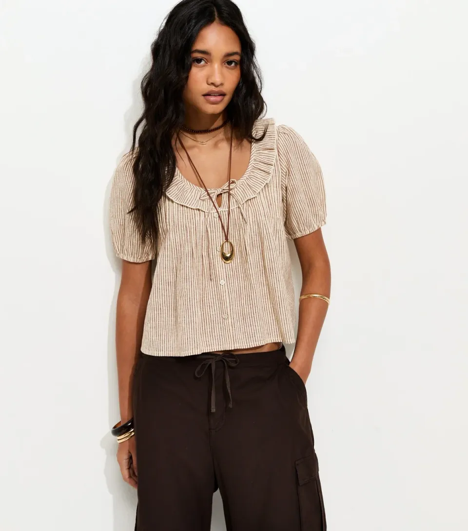 Women's Brown Striped Frill Neckline Blouse