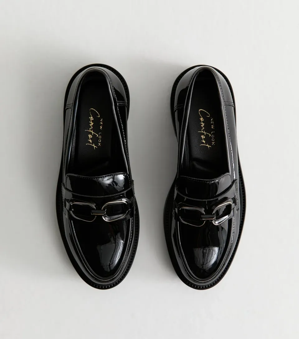 Women's Black Patent Faux Leather Buckle Penny Loafers Vegan