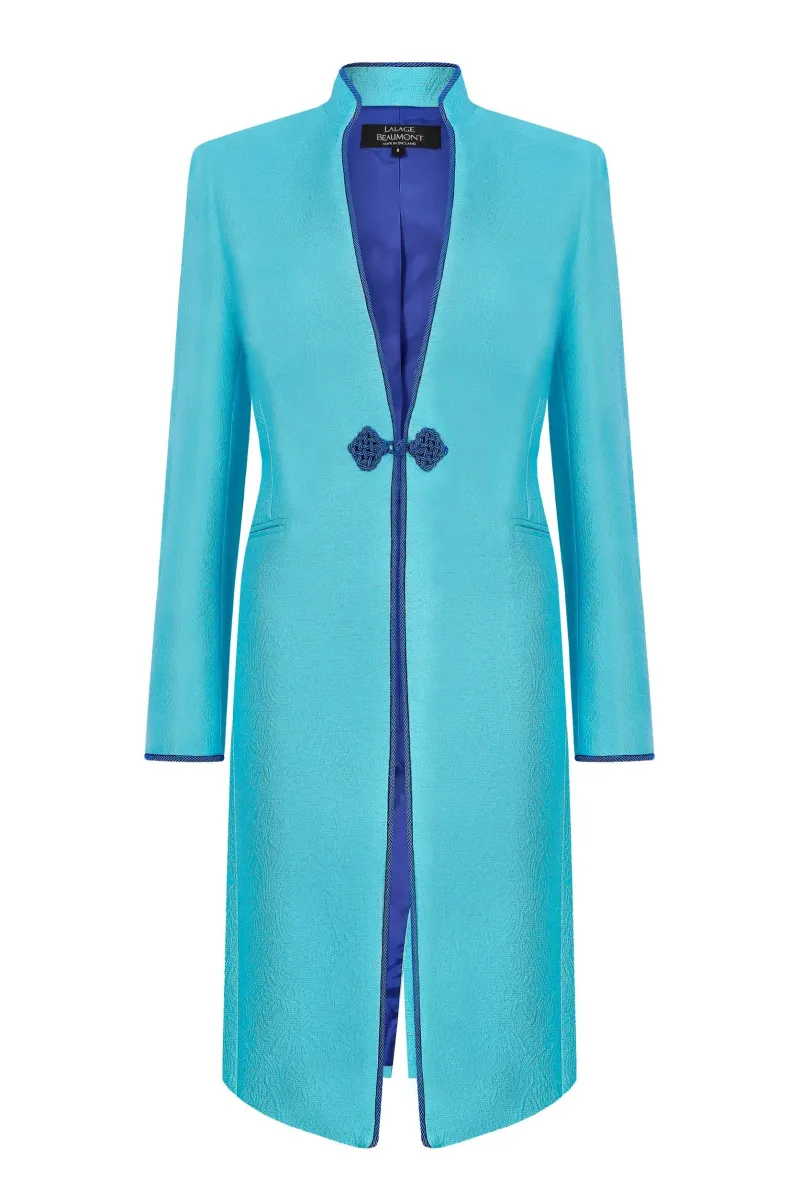 Turquoise Dress Coat in Summer Brocade with Cord Trim and Frogging - Vicky