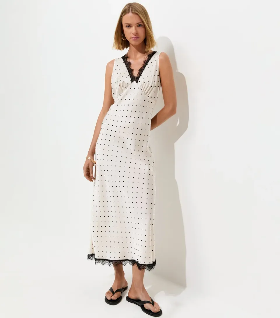 Women's Cream Polka Dot Satin Lace Trim Midi Dress