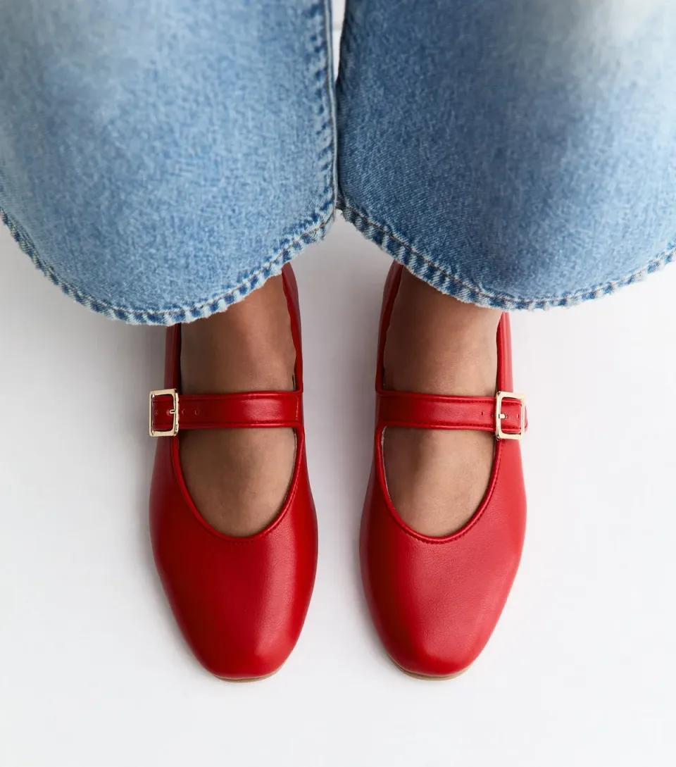 Women's Bright Red Faux Leather Mary Jane Ballet Pumps Vegan