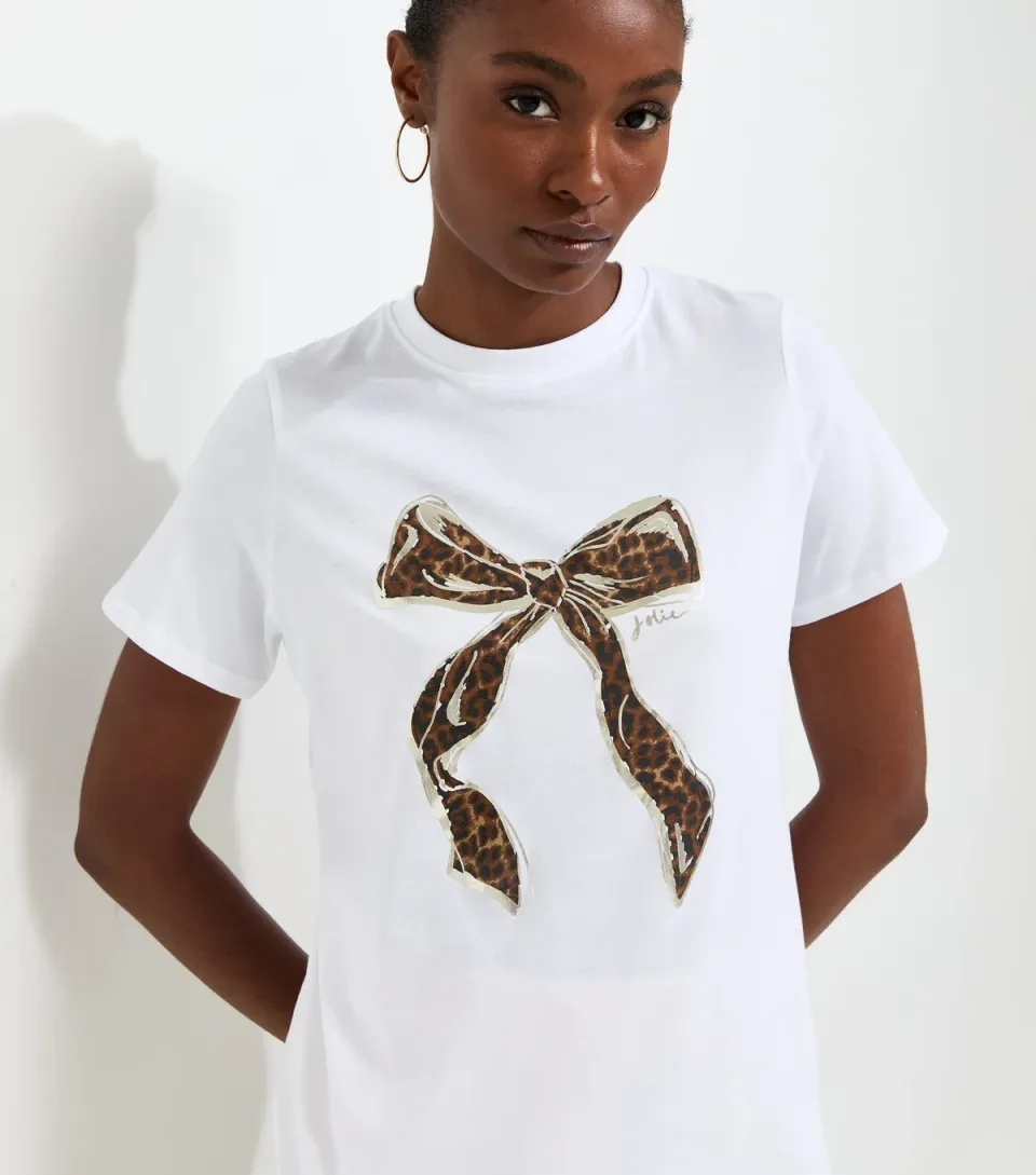 Women's White Cotton Leopard Print Bow Relaxed T-Shirt