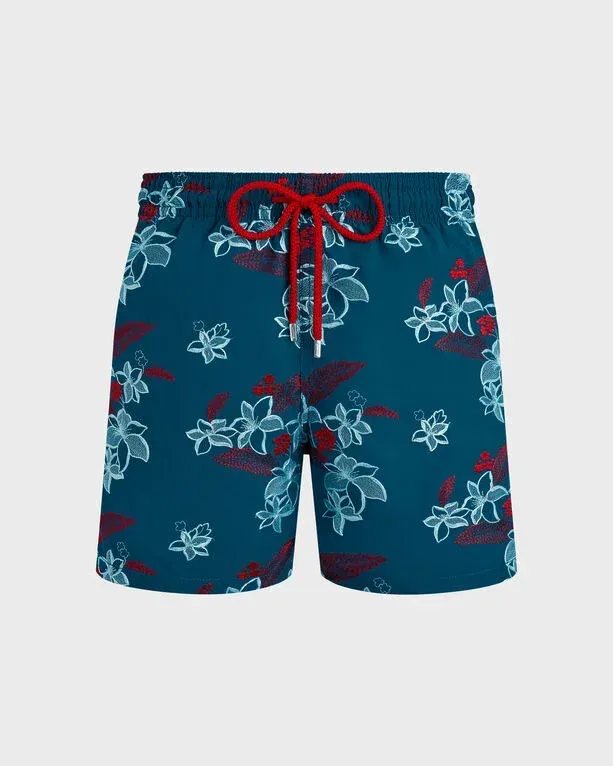 Men Swim Shorts Embroidered Flowers Power
