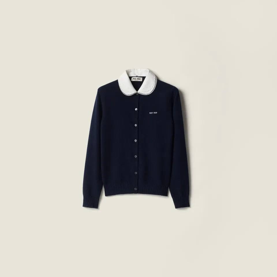 Cashmere cardigan with embroidered poplin collar