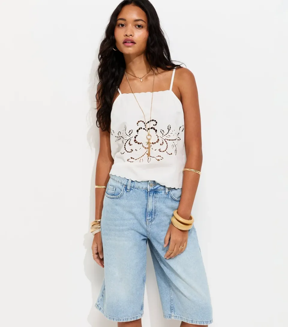 Women's White Cotton Embroidered Floral Cutout Cami Top