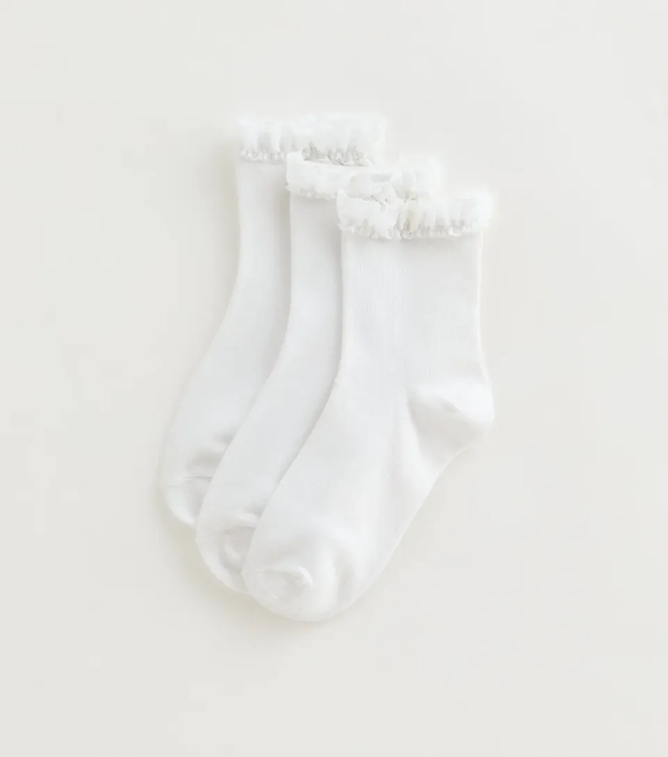 Girls' Pack of 3 Black Frill Trim Cable Socks