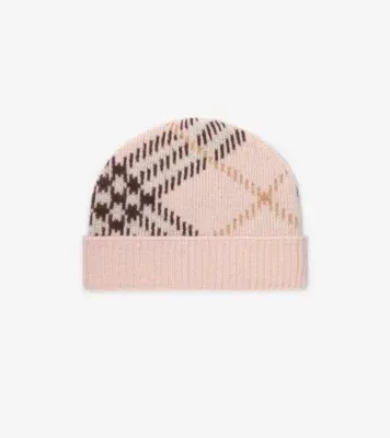 Check Cashmere Blend Beanie in Bow pink